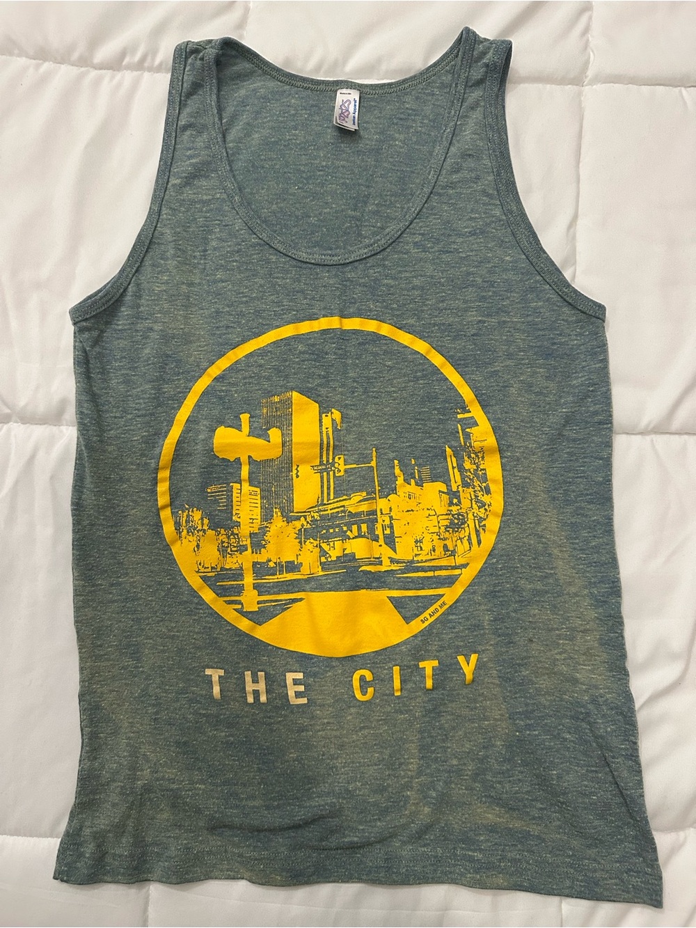 American Apparel Heather Green Tank with Yellow OKC Cityscape Graphic